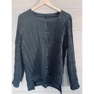 Babette Pleated Crinkle Cardigan Top Black Microfiber Button Front Small 1C772